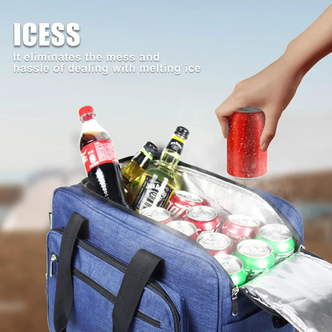 Portable Electric Cooler Bag With 12V Ac Dc Power And Dual Temperature Control has drinks inside and a hand holding a soda can.