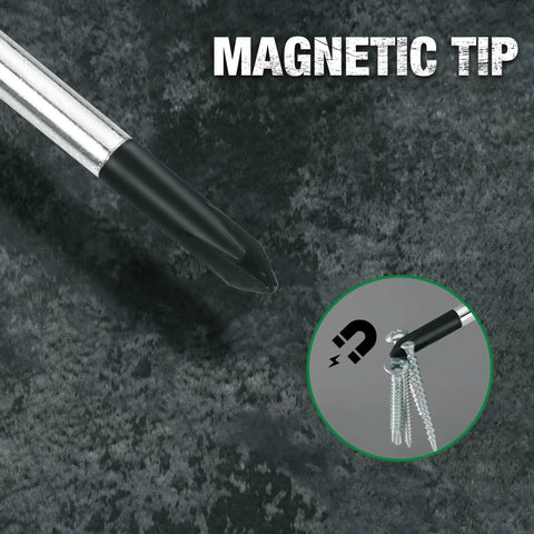Close-up of Hella Durable 12 Piece Mini Screwdriver Set featuring rock hard magnetic tip for precision and easy screw handling.