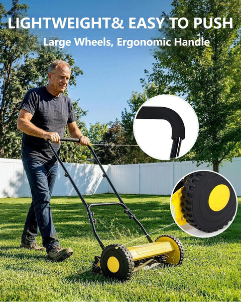 14 Inch Hand Push Reel Lawn Mower With 5 Blade Reel For Precision Scissor Like Cut, Easy To Use Manual Reel Mower With Adjustable Cutting Height 0.4 To 4 Inches, Fits 14 Or 16 Inch Yard Width For Small Yards, man pushing mower on lawn