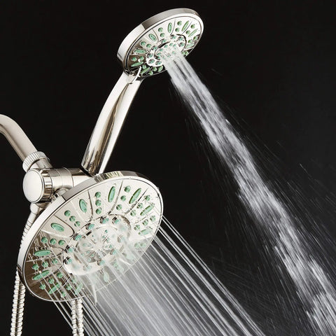Antimicrobial High Pressure 30 Setting Rainfall Shower Combo With Anti Clog Nozzles Microban Protection Brushed Nickel Coral Green Jets