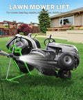 Heavy Duty Lawn Mower Lift Jack for Riding Tractor & Garden Mowers 880 Lbs Capacity High Angle Tilt Crank Stand in use.