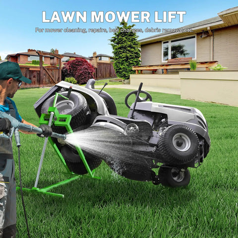 Heavy Duty Lawn Mower Lift Jack for Riding Tractor & Garden Mowers 880 Lbs Capacity High Angle Tilt Crank Stand in use.