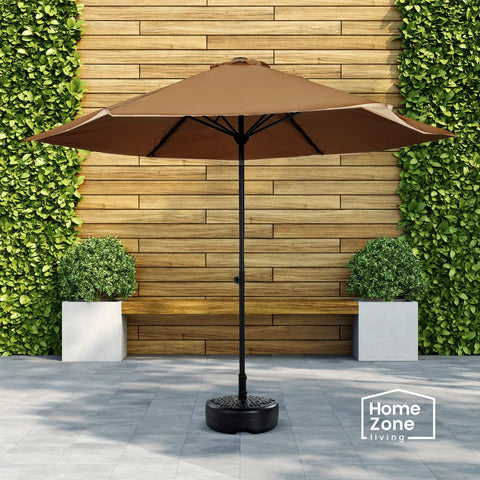 Fillable Patio Umbrella Base Stand 40Lb Half Round With Water Or Sand Fill For Poles Up To 1.9In Diameter 18In Wide HDPE UV Resistant Outdoor Stand For Lawn Deck Backyard Garden Durable Outdoor Use supporting an open umbrella on a patio