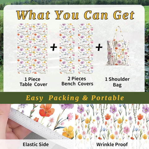 Picnic Table Cover With Bench Covers For 6 Foot Rectangular Tables Elastic Fitted Waterproof Washable Outdoor Tablecloth Floral Watercolor Wildflower Print No Fuss Cleanup For Garden Patio Camping shown with elastic side