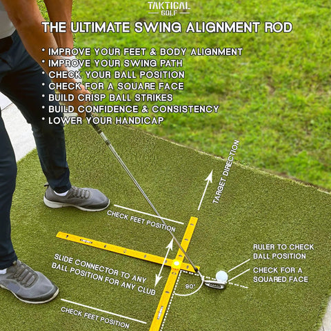 Man using pocket size golf alignment sticks and swing aid with modular ruler system for fixing slice takeaway stance putting and posture.