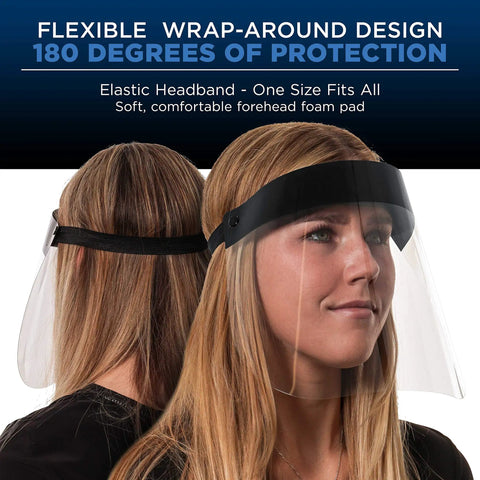 Black Full Face Shields Case Of 200 Anti Fog PET Plastic Protection worn by a model, showing elastic headband, side and front view.