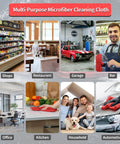 Collage of red microfiber cleaning towels used in shops, restaurants, garages, bars, offices, kitchens, households, and automotive settings.