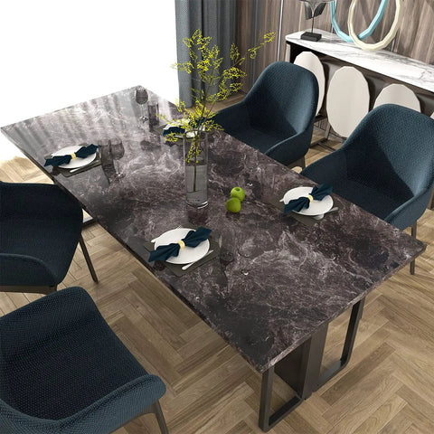 Dining table covered with Dark Emperador Marble Self Adhesive Contact Paper 24x160 Inch Peel And Stick Countertop Wallpaper