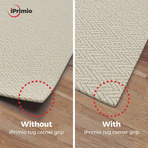 Comparison of rug with and without Rug Corner Gripper Set 8 Pack For Indoor And Outdoor Use Keeps Rugs From Curling And Slipping.