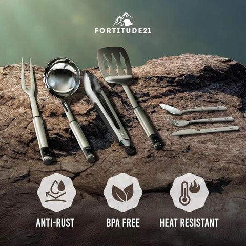 21 Piece Camping Cooking Set for Outdoor Meals, Lightweight, Compact, Heat Resistant and Dishwasher Safe, utensils displayed