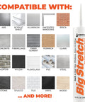 High Performance Elastic Sealant Cartridge 10.5 Oz In Natural Sandstone with compatibility grid for various materials.