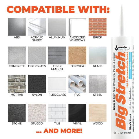 High Performance Elastic Sealant Cartridge 10.5 Oz In Natural Sandstone with compatibility grid for various materials.