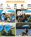 Two Pack Heavy Duty Beach Camping Chairs With Umbrellas at the beach, camping, and fishing settings, showing portability and use.