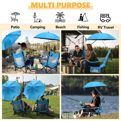 Two Pack Heavy Duty Beach Camping Chairs With Umbrellas at the beach, camping, and fishing settings, showing portability and use.