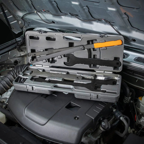Fan Clutch Service Kit With Nut Wrenches And Pulley Holder In A Rugged Blow Mold Case For Universal Vehicle Maintenance in engine bay