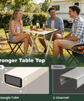 Friends enjoying a BBQ outside using Ultra Lightweight Aluminum Folding Camping Table For Travel And Outdoor Adventures, 18.5x18.5x24.5 Inches, Supports Up To 62 Lbs, Great For Cooking, Beach, Hiking, Fishing, BBQ, Indoor Or Outdoor Use, Compact Foldable Picnic Table, rectangle vs C-channel feature shown.