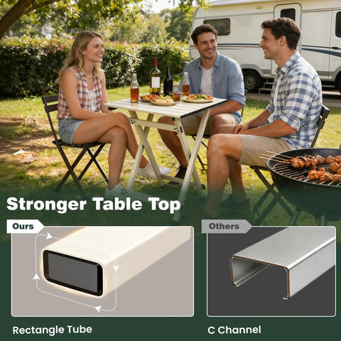 Friends enjoying a BBQ outside using Ultra Lightweight Aluminum Folding Camping Table For Travel And Outdoor Adventures, 18.5x18.5x24.5 Inches, Supports Up To 62 Lbs, Great For Cooking, Beach, Hiking, Fishing, BBQ, Indoor Or Outdoor Use, Compact Foldable Picnic Table, rectangle vs C-channel feature shown.