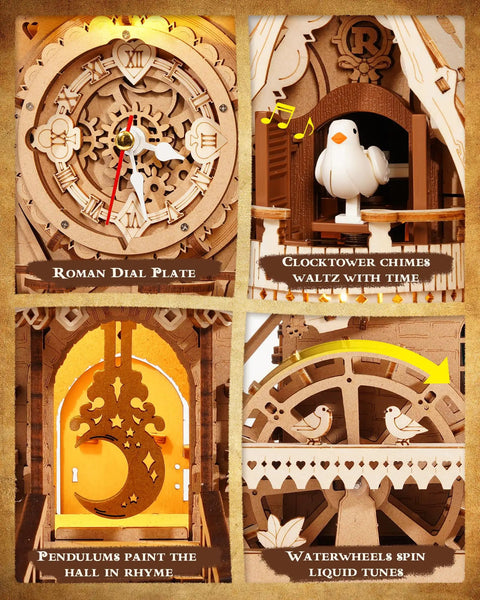 3D Wooden Cuckoo Clock Puzzle Kit For Adults And Teens 435 Piece Model With Wing Flapping Singing Cuckoo On The Hour And Precise Clock Mechanism, Roman dial close-up