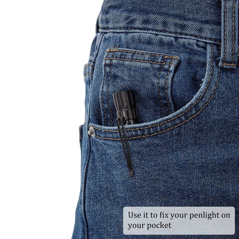 20 Pack Metal Flashlight Clips For Removable Accessories attached to denim jeans pocket, showcasing secure fit for penlights.