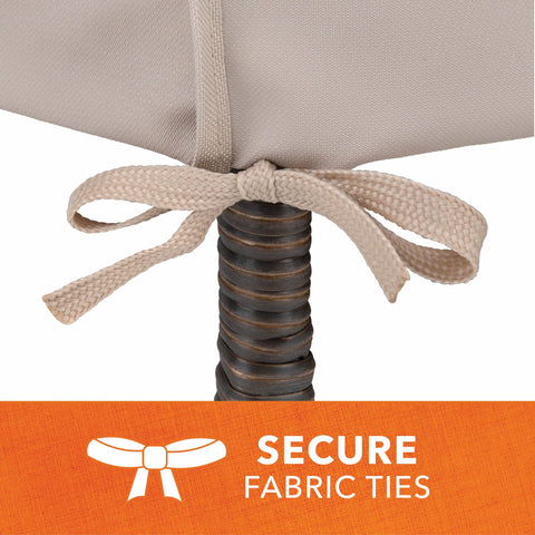 Close-up of fabric ties on Weather-Resistant Patio Chair Cover for Stackable High-Back Bar Chairs, Outdoor Furniture Protection.