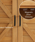 Close-up of magnetic door closures on cedar wood storage cabinet, part of Outdoor Garden Potting Bench With Metal Tabletop And Storage Cabinet Cedar Wood Weatherproof Natural Finish Patio Workstation For DIY Planting And Garden Projects.
