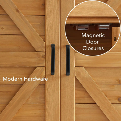 Close-up of magnetic door closures on cedar wood storage cabinet, part of Outdoor Garden Potting Bench With Metal Tabletop And Storage Cabinet Cedar Wood Weatherproof Natural Finish Patio Workstation For DIY Planting And Garden Projects.