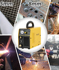 HYC410 110V Plasma Cutter displayed with metal cutting examples, including 5mm and 8mm material cuts, showcasing versatility.