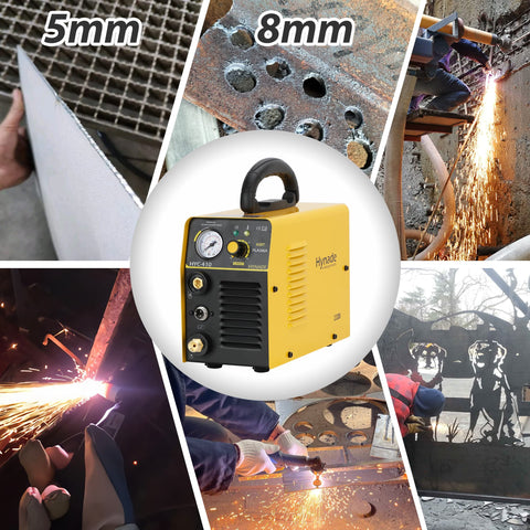 HYC410 110V Plasma Cutter displayed with metal cutting examples, including 5mm and 8mm material cuts, showcasing versatility.