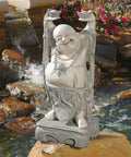 Jolly Hotei Laughing Buddha garden statue for indoor outdoor decor 26 inches cast stone resin two tone stone finish near pond