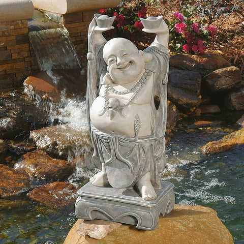 Jolly Hotei Laughing Buddha garden statue for indoor outdoor decor 26 inches cast stone resin two tone stone finish near pond