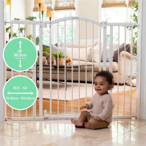 Extra Tall And Wide Safety Gate For Pets And Kids Fits 29 To 53 Inch Openings And Stands 38 Inches Tall No Drill Or Hardware Needed Mount On Wall Or Banister In Doorways Or Stairways Auto Close Walk Through Door installed in doorway with child sitting nearby