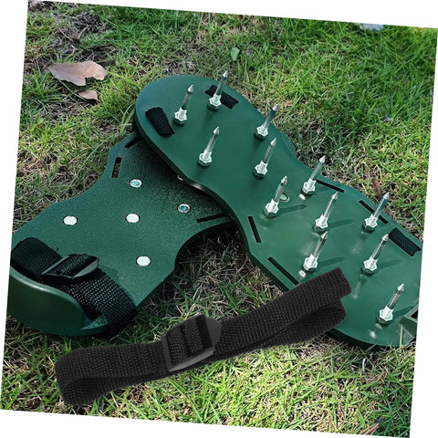 8 Pack Adjustable Lawn Aerator Shoes Straps For Garden Walk On Spiked Sandals With Grass Spikes For Aerating Soil And Easy Lawn Loosening Manual Tool For Quick Yard Care displayed on grass