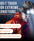 Person wearing Ultra Bright USB C Headlamp With 1080 Lumens Dual Beam Flood And Spot Modes in the rain, showcasing IPX4 water resistance.