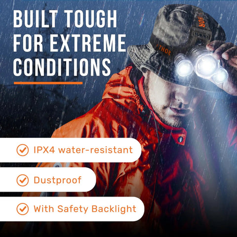 Person wearing Ultra Bright USB C Headlamp With 1080 Lumens Dual Beam Flood And Spot Modes in the rain, showcasing IPX4 water resistance.