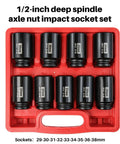 1/2 Inch Deep 6-Point Impact Socket Set For Axle Nuts 29mm-38mm, 9-Piece Cr-Mo Chrome Molybdenum Steel With Black Phosphate Finish in red case