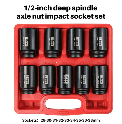 1/2 Inch Deep 6-Point Impact Socket Set For Axle Nuts 29mm-38mm, 9-Piece Cr-Mo Chrome Molybdenum Steel With Black Phosphate Finish in red case