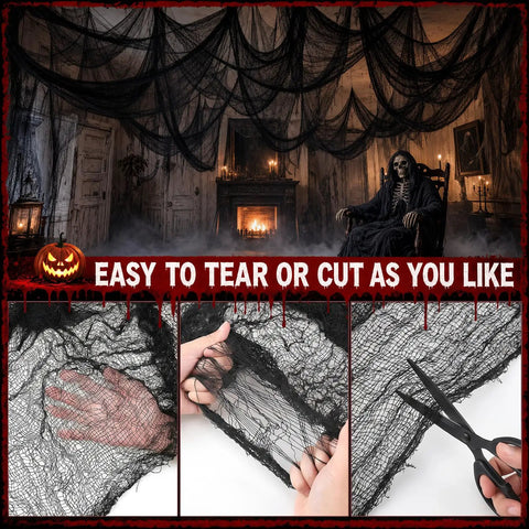 Badass Halloween Creepy Cloth Five Piece Black Pack Stretchy Cotton Fabric 30 X 72 Inch displayed in haunted house setup.