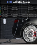 Portable Level 1 And Level 2 EV Charger With 20 Ft Cable, 15A 110V To 240V connected to a black electric car, LED indicator status shown