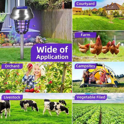 Collage showing applications of Solar Bug Zapper Outdoor Solar Powered IP66 Waterproof Mosquito Killer And Trap in various outdoor settings.