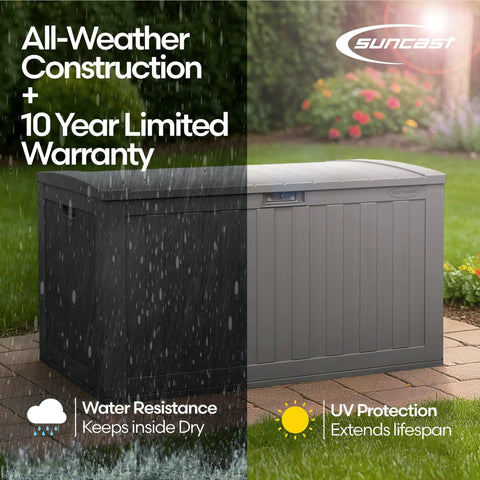 134-Gallon Extra Large Outdoor Deck Box With Pad Lockable Lid, showing water resistance and UV protection features, on patio