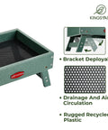 All In One Outdoor Bird Feeder Made From Recycled Plastic Platform For Wild Birds Squirrels And Chickens With A 5 Lb Capacity Green Built Tough For Weather And Easy To Fill, showing close-up of drainage holes and deployable bracket.