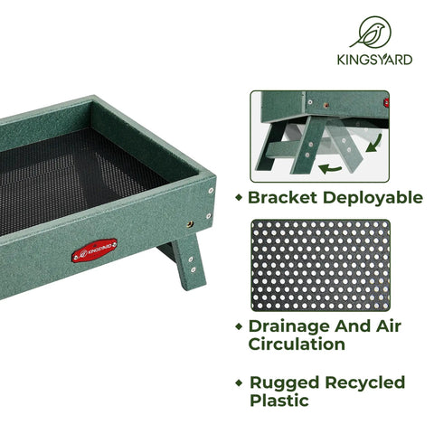 All In One Outdoor Bird Feeder Made From Recycled Plastic Platform For Wild Birds Squirrels And Chickens With A 5 Lb Capacity Green Built Tough For Weather And Easy To Fill, showing close-up of drainage holes and deployable bracket.