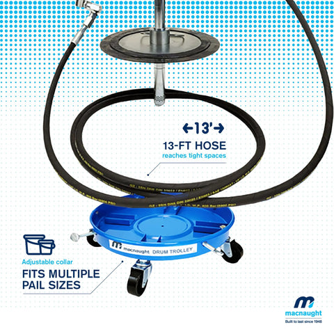 Macnaught P3TR air-operated grease pump with 13 ft hose on blue drum trolley for 5 gal/35 lb pails; booster gun.