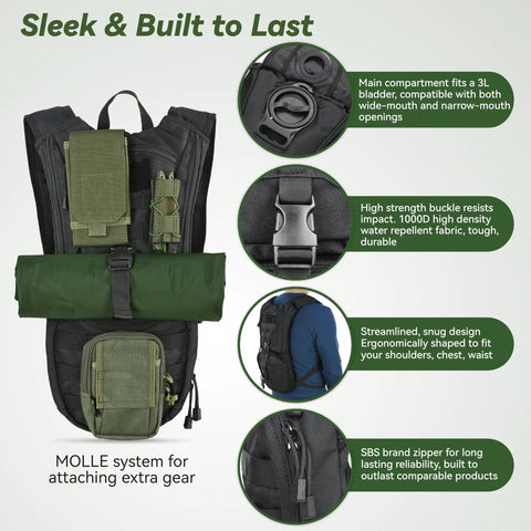 Tactical MOLLE Hydration Pack Backpack With 3L TPU Water Bladder For Cycling Hiking Running Climbing Hunting And Biking, compact ergonomic fit