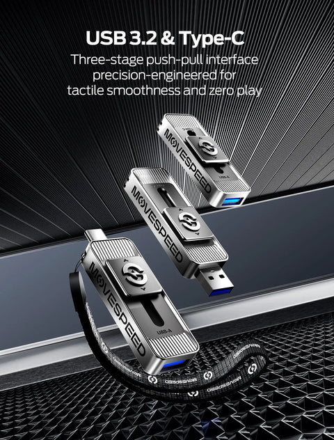 1TB Dual Port USB 3 Point 2 Gen 2 Type C And USB A External SSD Drive With push-pull design and rugged metal construction.