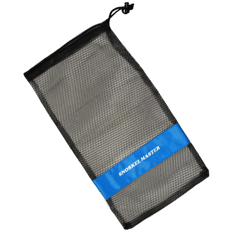 Drawstring Mesh Snorkeling Bag With Blue Bar For Mask And Snorkel Gear, 19 Inch By 11.5 Inch, durable mesh and blue bar design