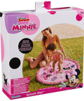 Minnie Mouse Splash Pad For Kids With Built In Sprinklers, pink floral pattern, 40-inch diameter, featuring mother and child using it outdoors.
