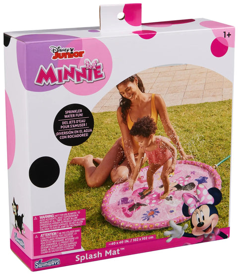 Minnie Mouse Splash Pad For Kids With Built In Sprinklers, pink floral pattern, 40-inch diameter, featuring mother and child using it outdoors.