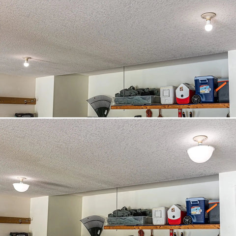 Image showing before and after of a ceiling with and without Ceiling Light Cover That Hides Exposed Bulbs In Seconds Clip-On Fit For Most Bulbs