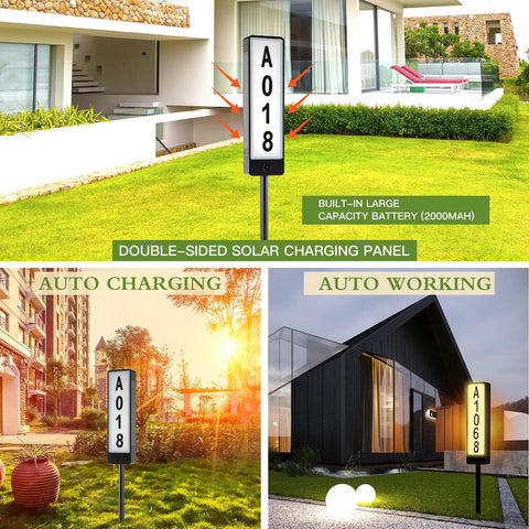 Dual Sided Solar Address Plaque With LED Lights, showing A018 and A1068, auto charging and working, placed outdoors